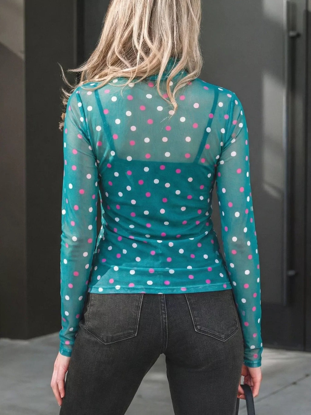 Polka Dot Patterned Bodycon Mock Neck Mesh Long Sleeve Top
