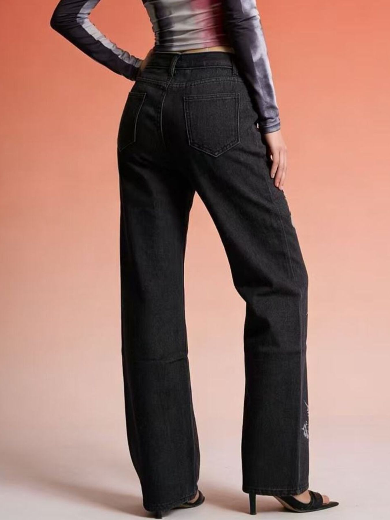 Butterfly Print High-Waisted Wide Leg Jeans