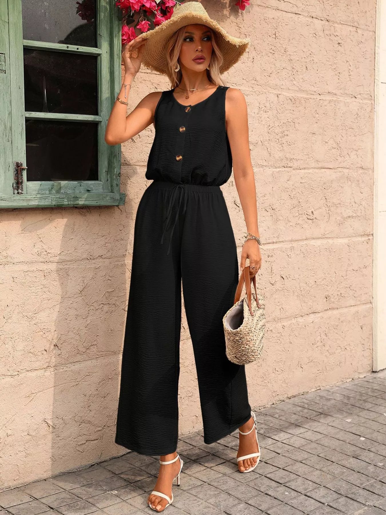 Sleeveless Button-Front Wide Leg Jumpsuit