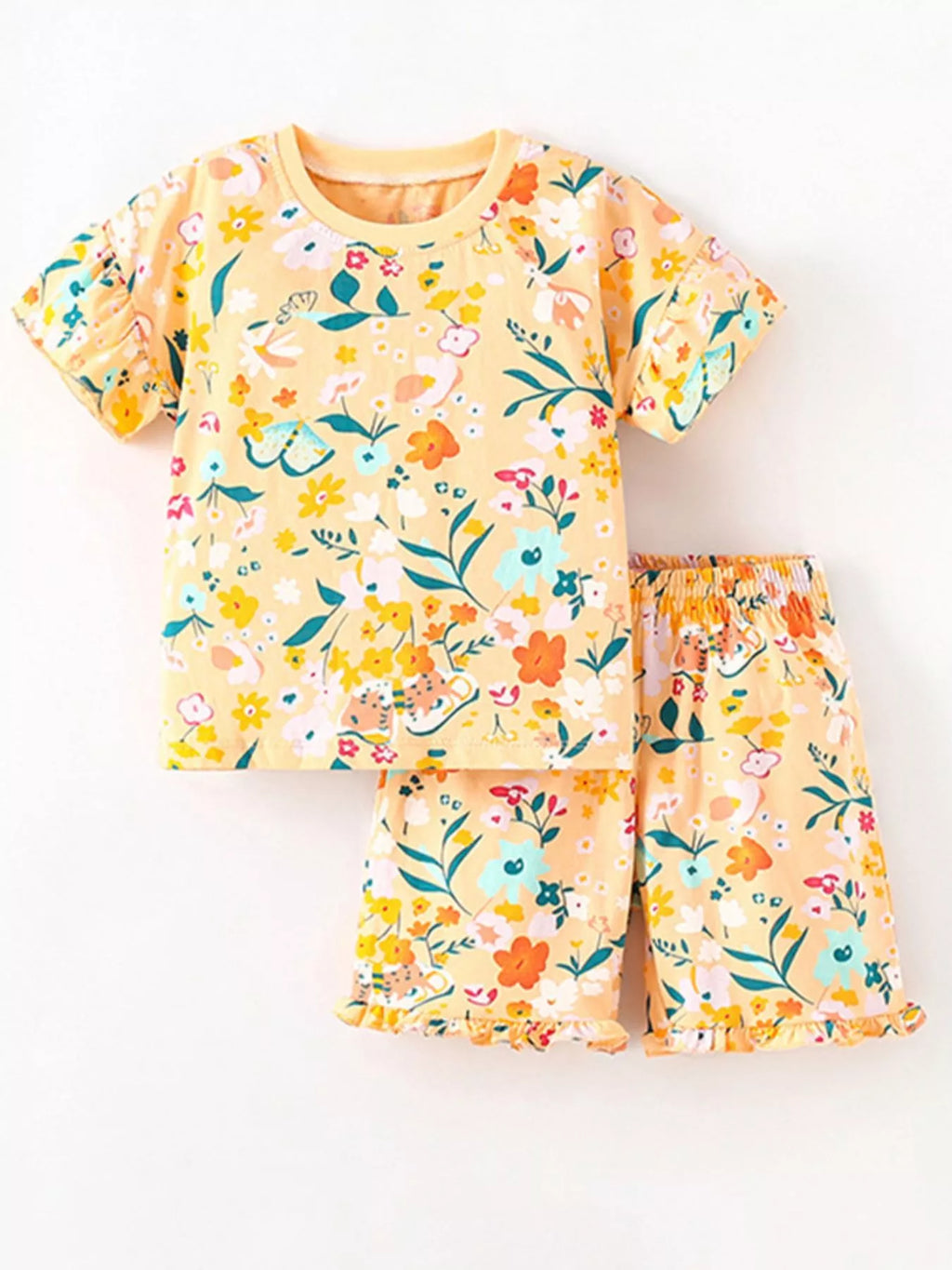 Children's Floral Print Ruffle Trim T-Shirt and Shorts Set