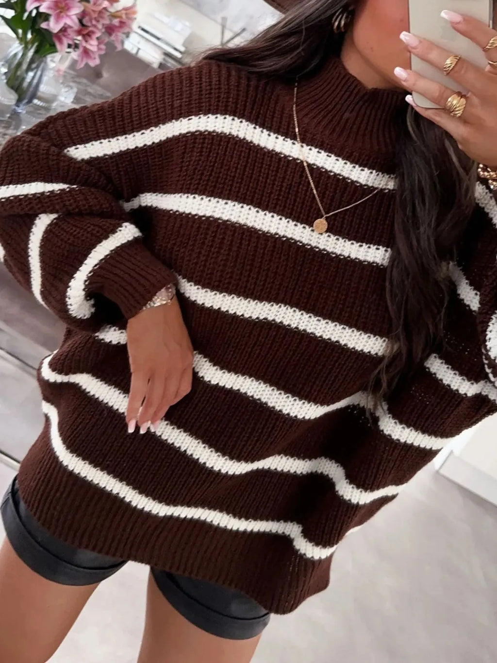 Striped Turtleneck Long Sleeve Sweater