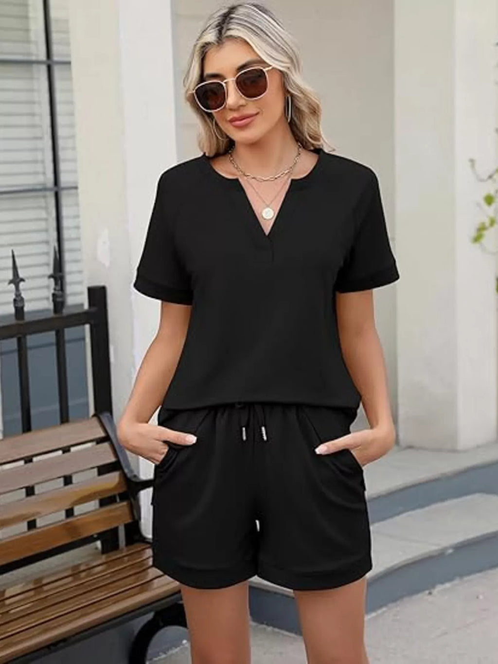 Solid Color Short Sleeve Top and Shorts Two-Piece Set
