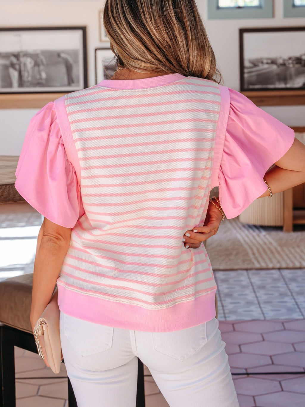 Stripe Ruffled Short Sleeve Patchwork Blouse