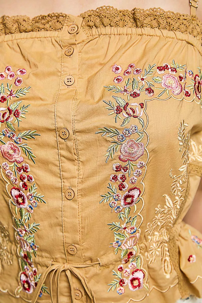 POL Button Down Floral Embroidered Cropped Cami with Lace Detail