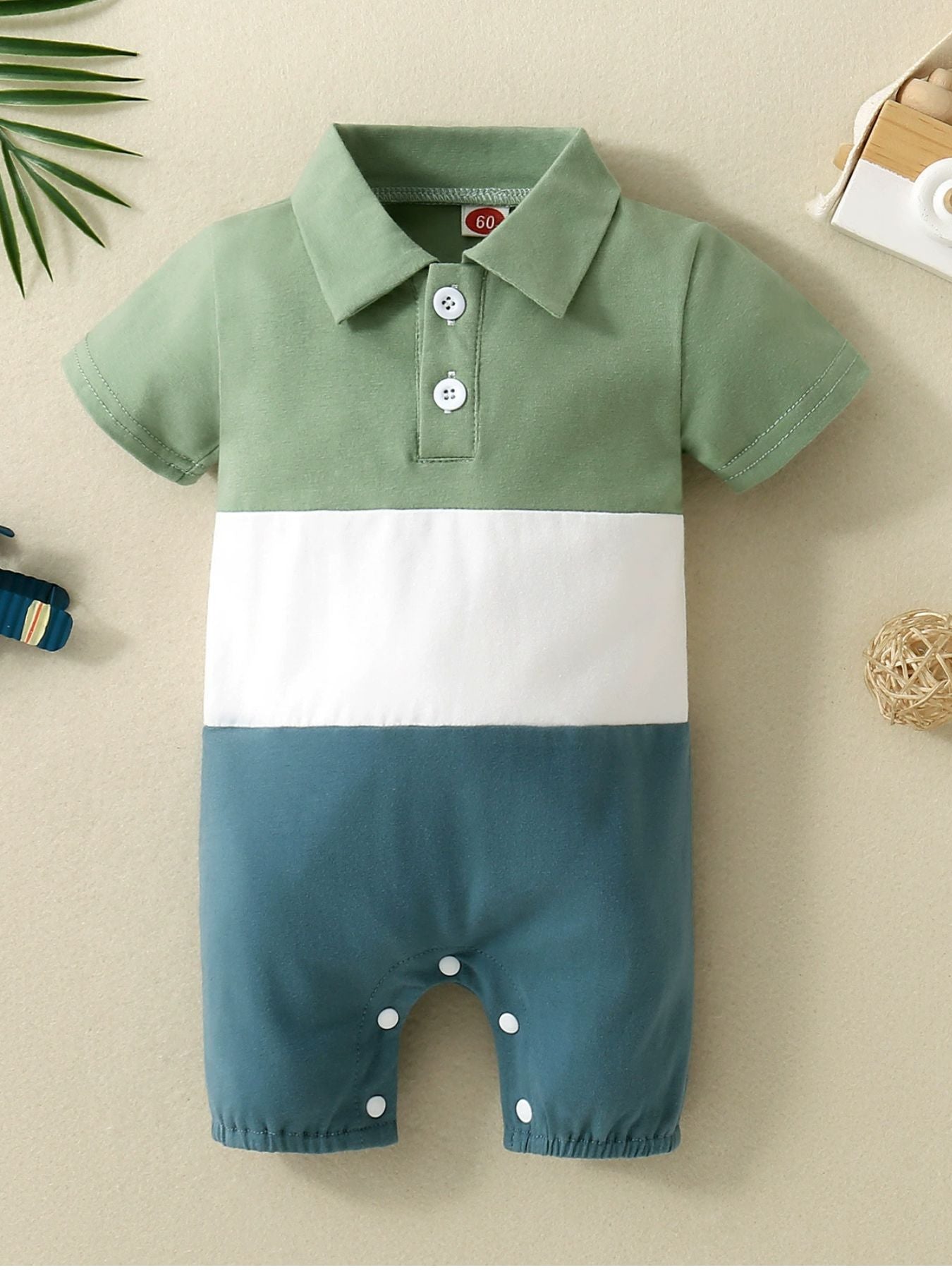 Children's Color Block Polo Collar Short Sleeve One-Piece