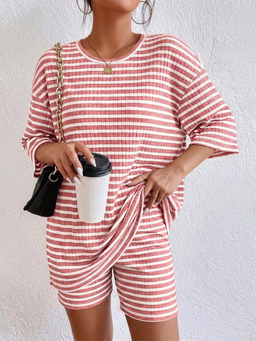 Striped Round Neck Top and Shorts Set