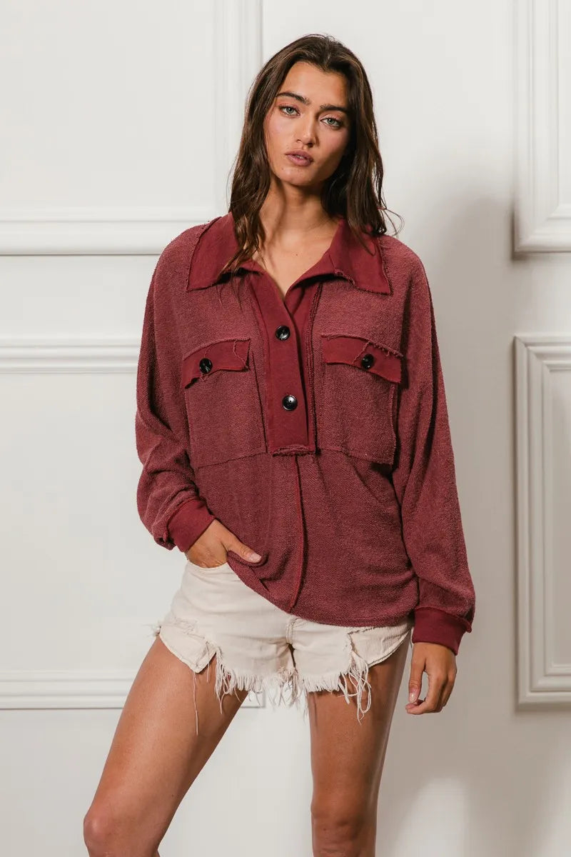 BiBi Cp French Terry Cut Edge Detail Collared Top