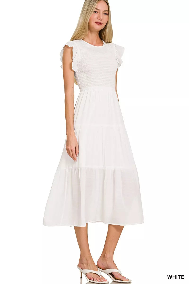 Zenana Woven Smocked Ruffle Sleeve Midi Dress