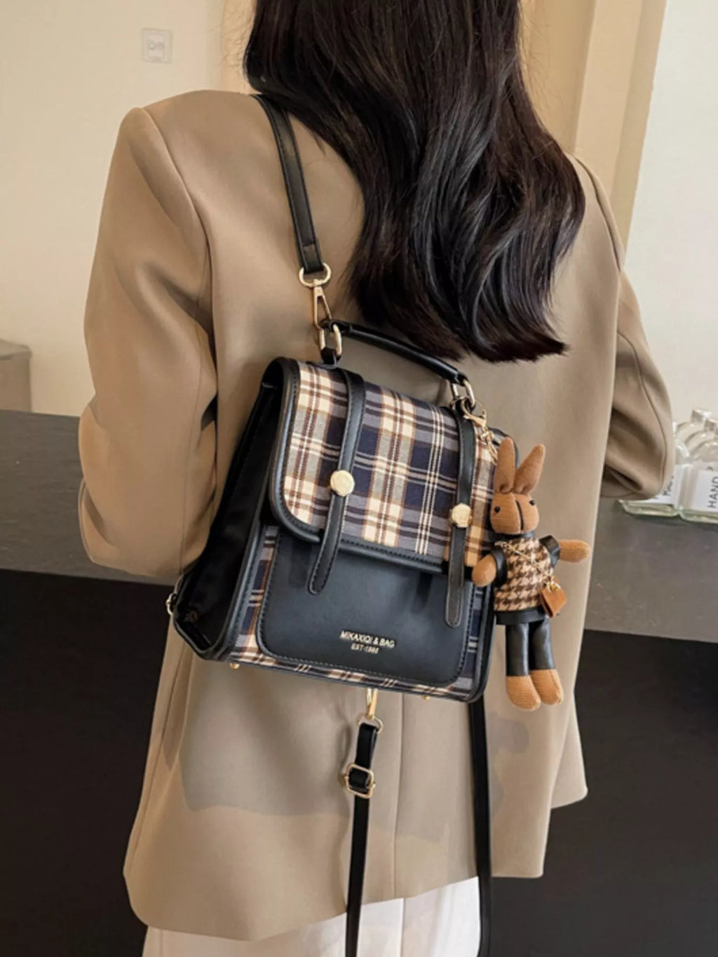 Plaid Pattern Flap Backpack Bag