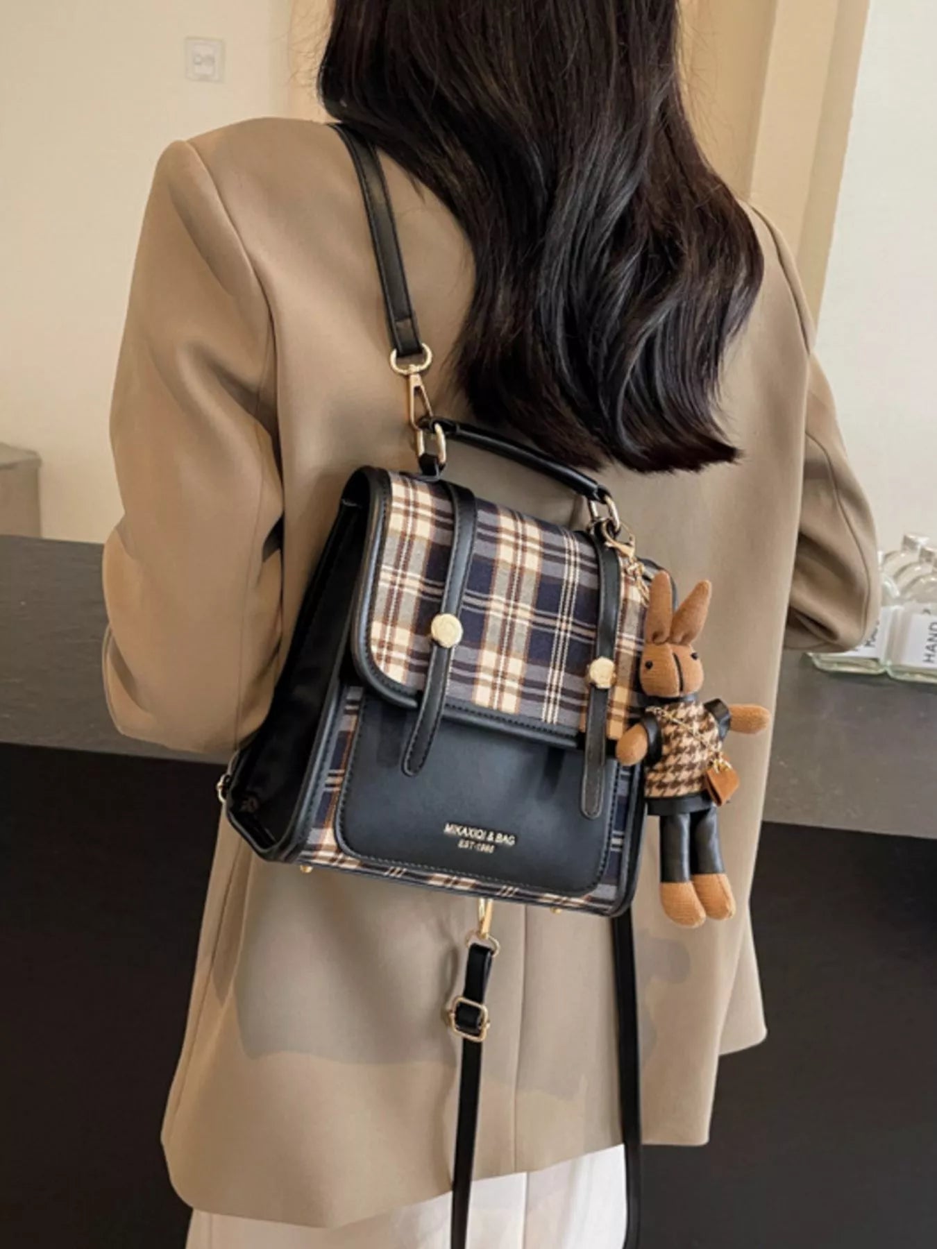 Plaid Pattern Flap Backpack Bag