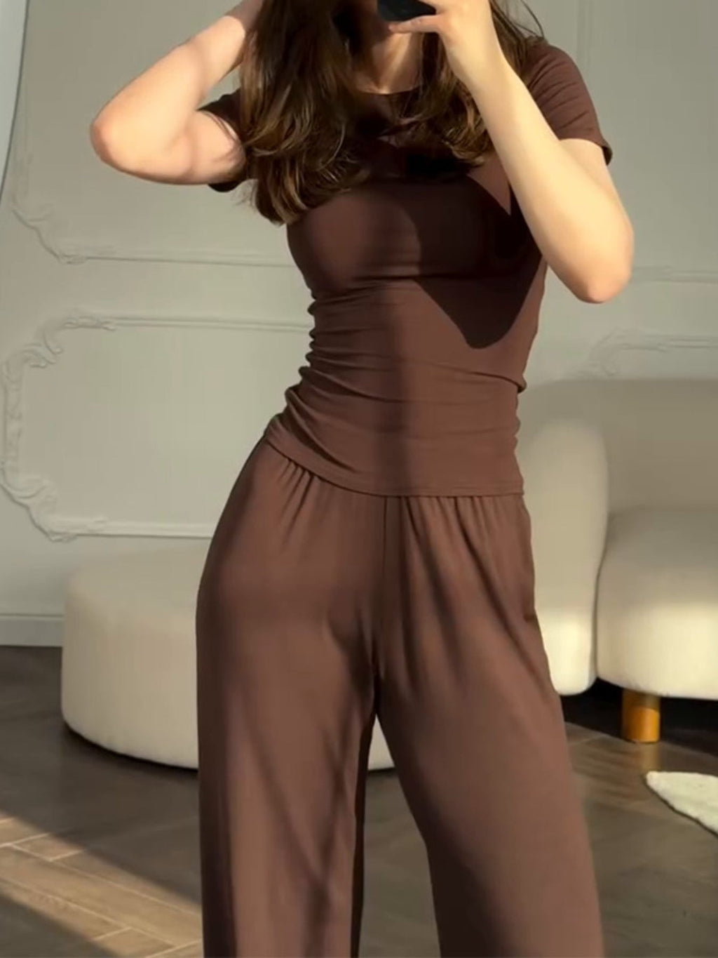 Full Size Round Neck Top and Wide Leg Pants Set Plus Size