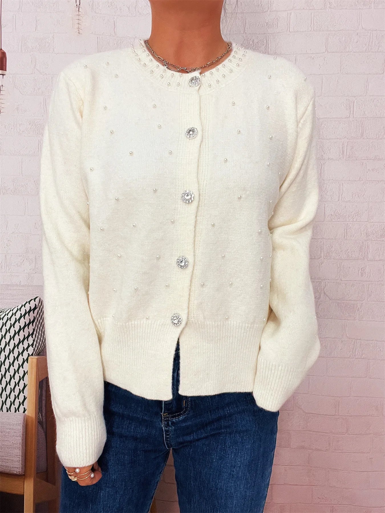Pearl Detail Button-Front Cardigan