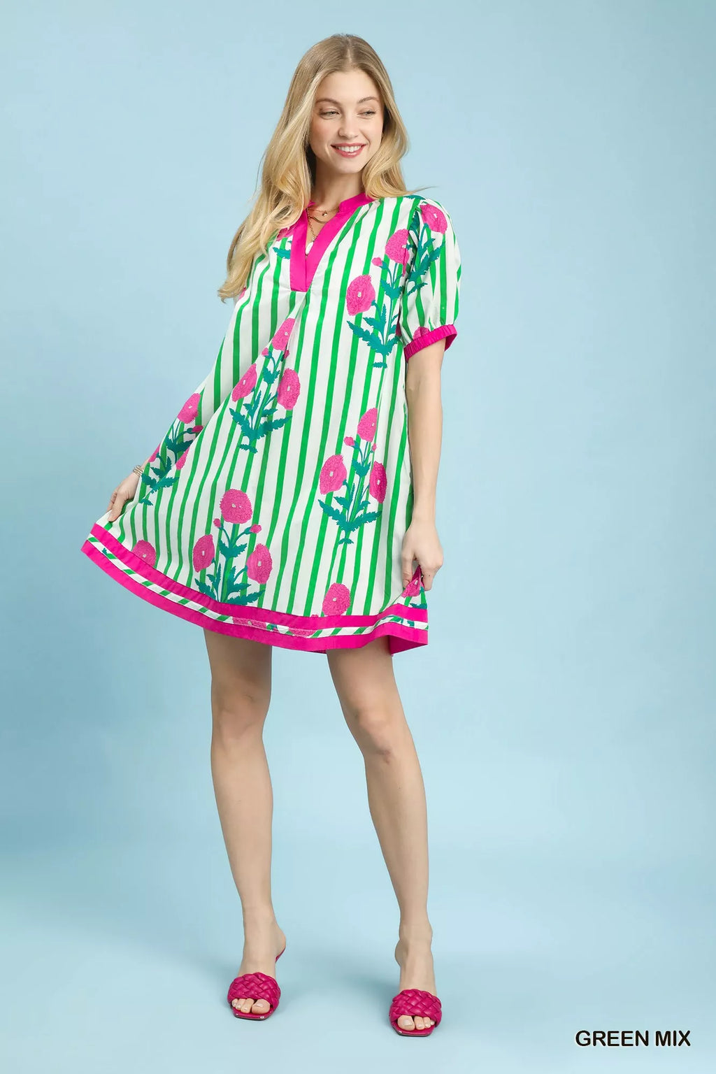 Umgee Mix Floral Stripe Contrast Dress