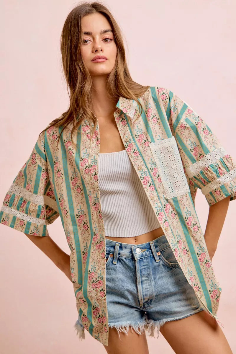 BiBi Eyelet Lace And Floral Mix And Match Shirt Top