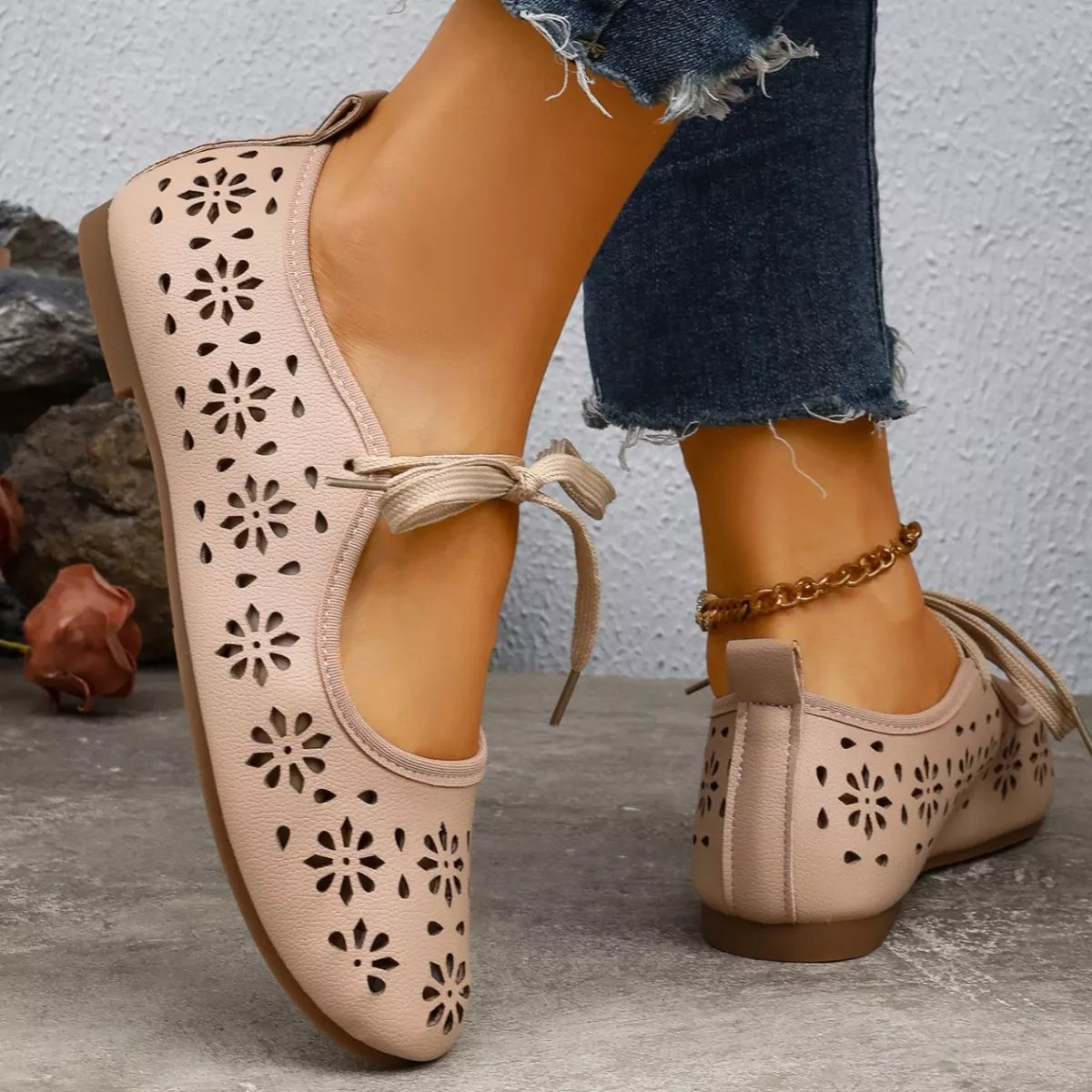 Floral Cutout Tied Slip-Ons