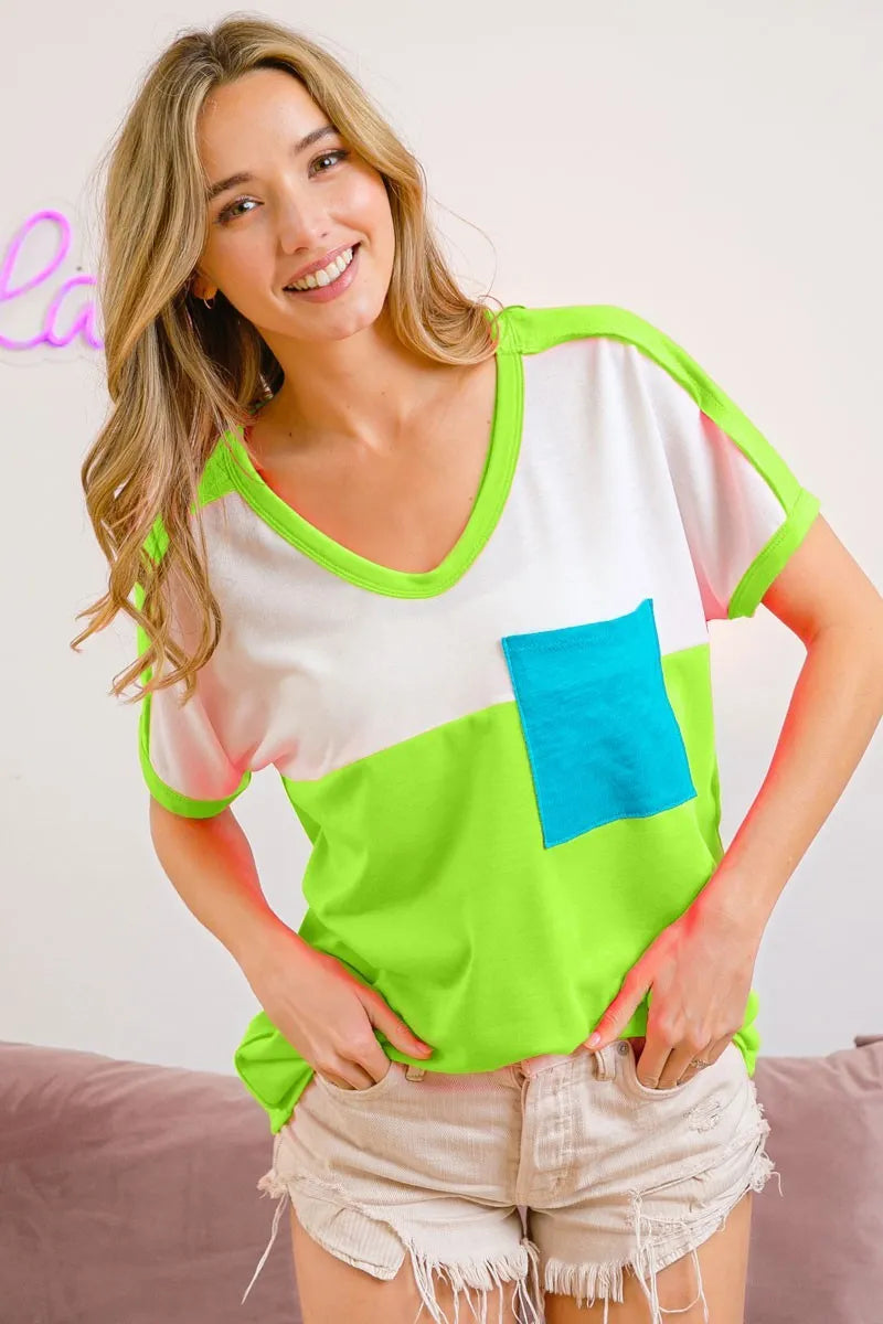 BiBi Color Block Neon Trim Pocket T-Shirt