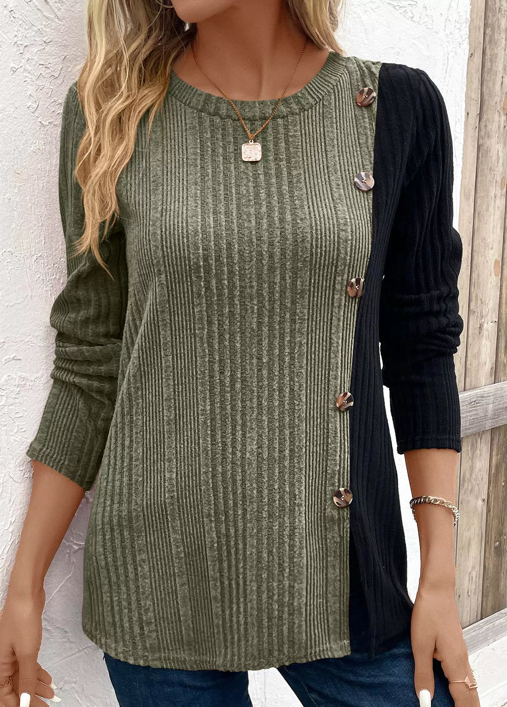 Color Block Ribbed Knit Decor Button T-Shirt