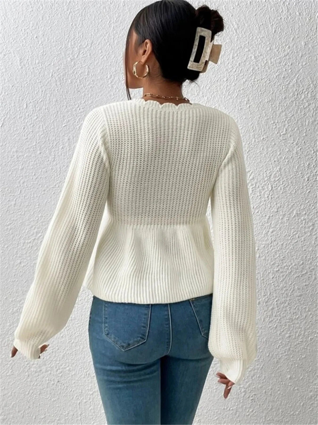 Scalloped V-Neck Drawstring Knit Top