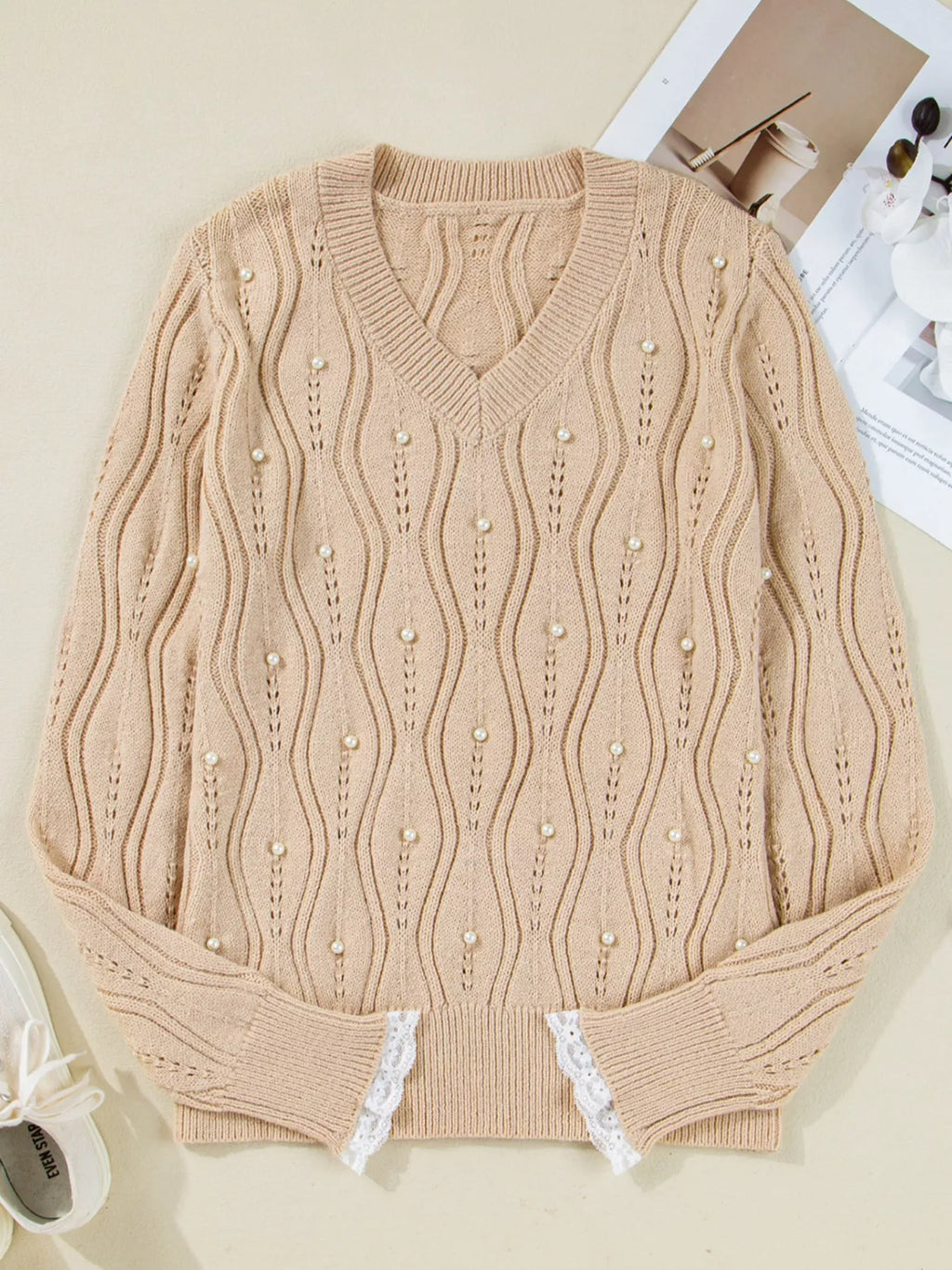 Pearl-Embellished V-Neck Pullover Sweater