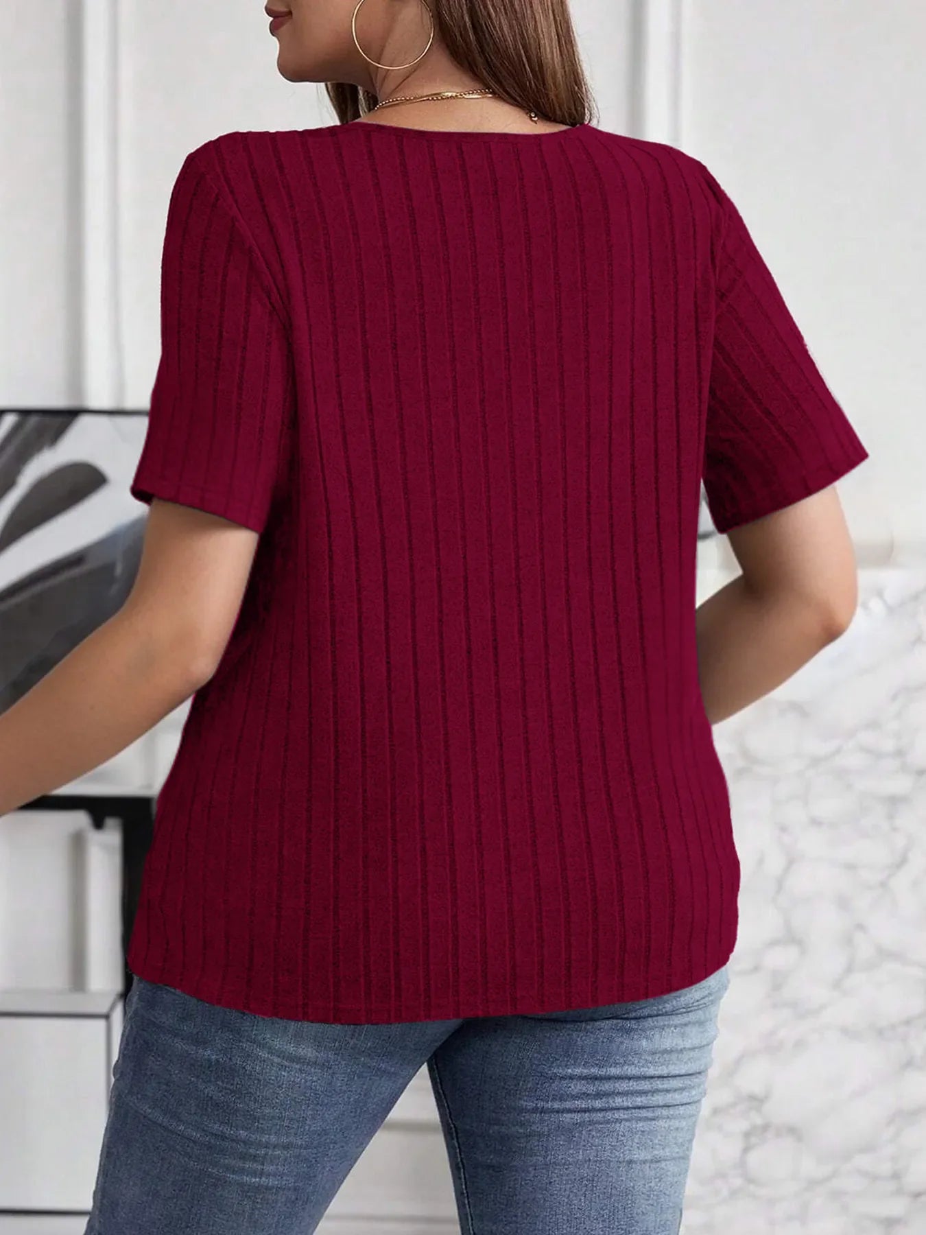 Plus Size V-Neck Short Sleeve Ribbed T-Shirt