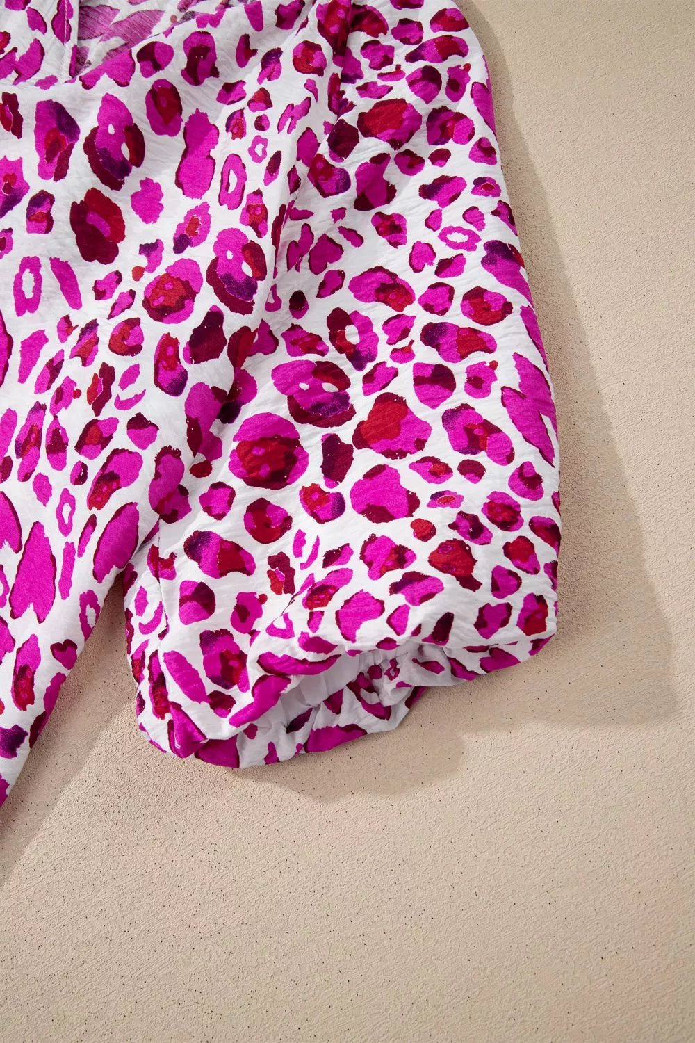Leopard Print V Neck Puffy Half Sleeve Blouse