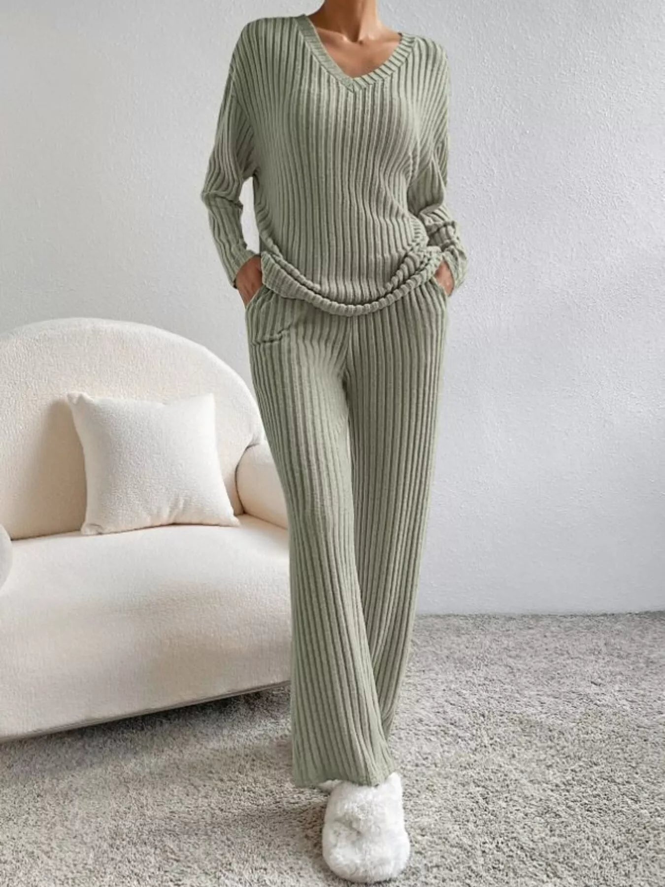 Ribbed Knit V-Neck Top and Pants Set