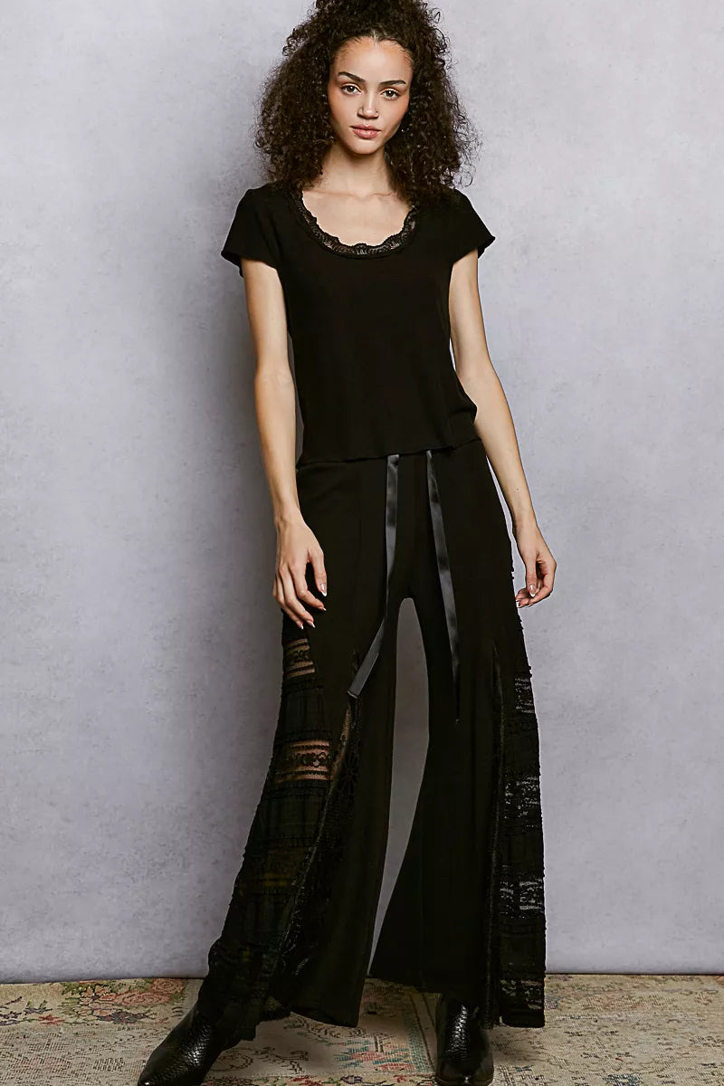 POL Round Neck Short Sleeve Crop T-Shirt with Lace Trim