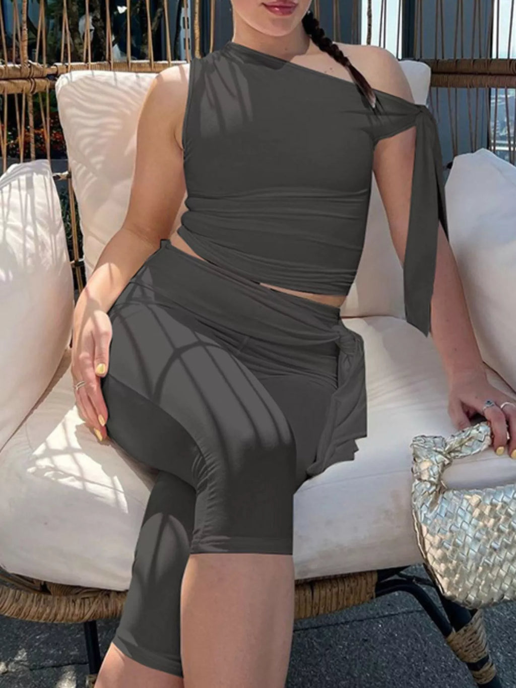 Asymmetrical One-Shoulder Top and Capris Set