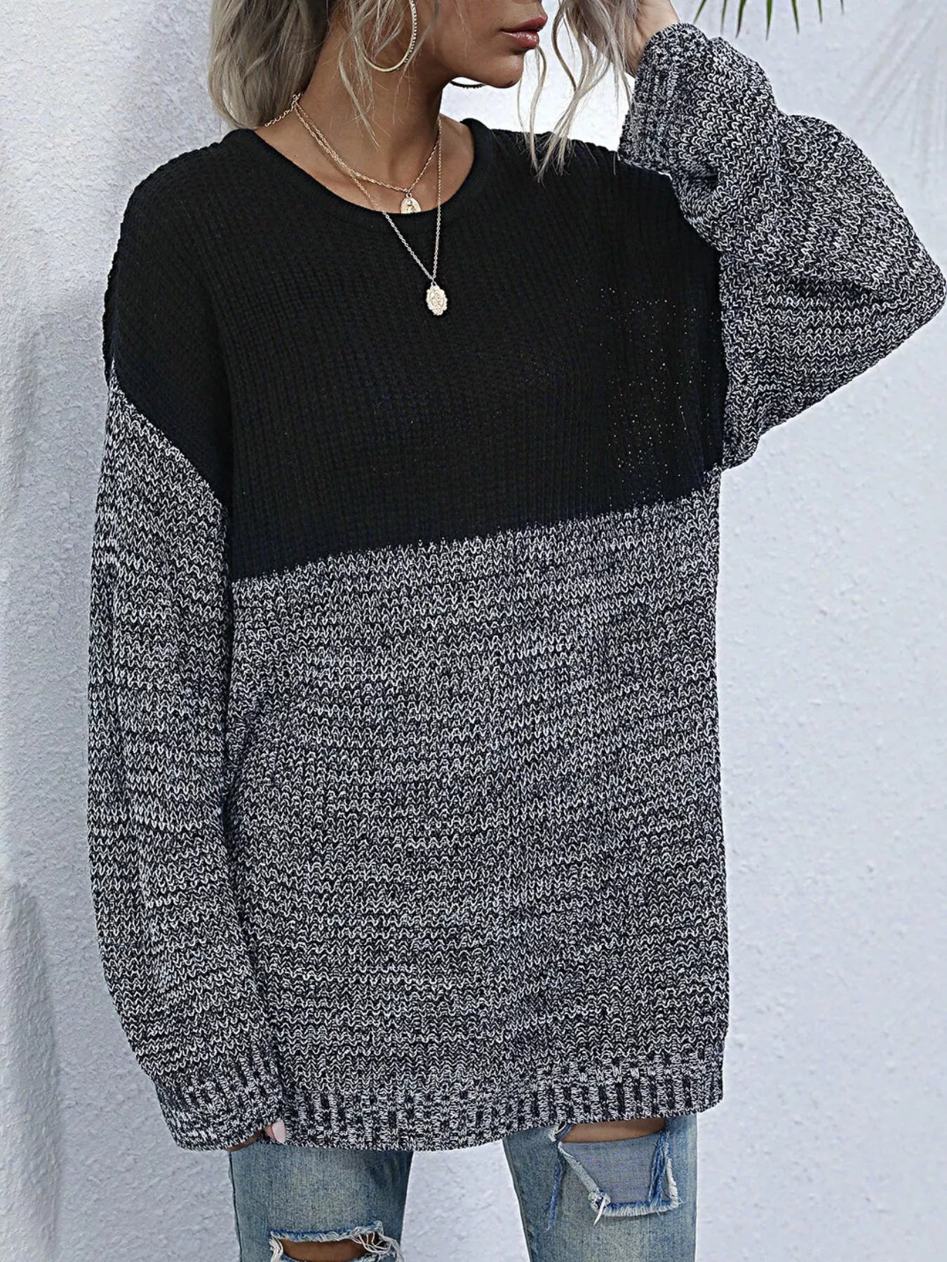 Color Block Long Sleeve Oversized Sweater