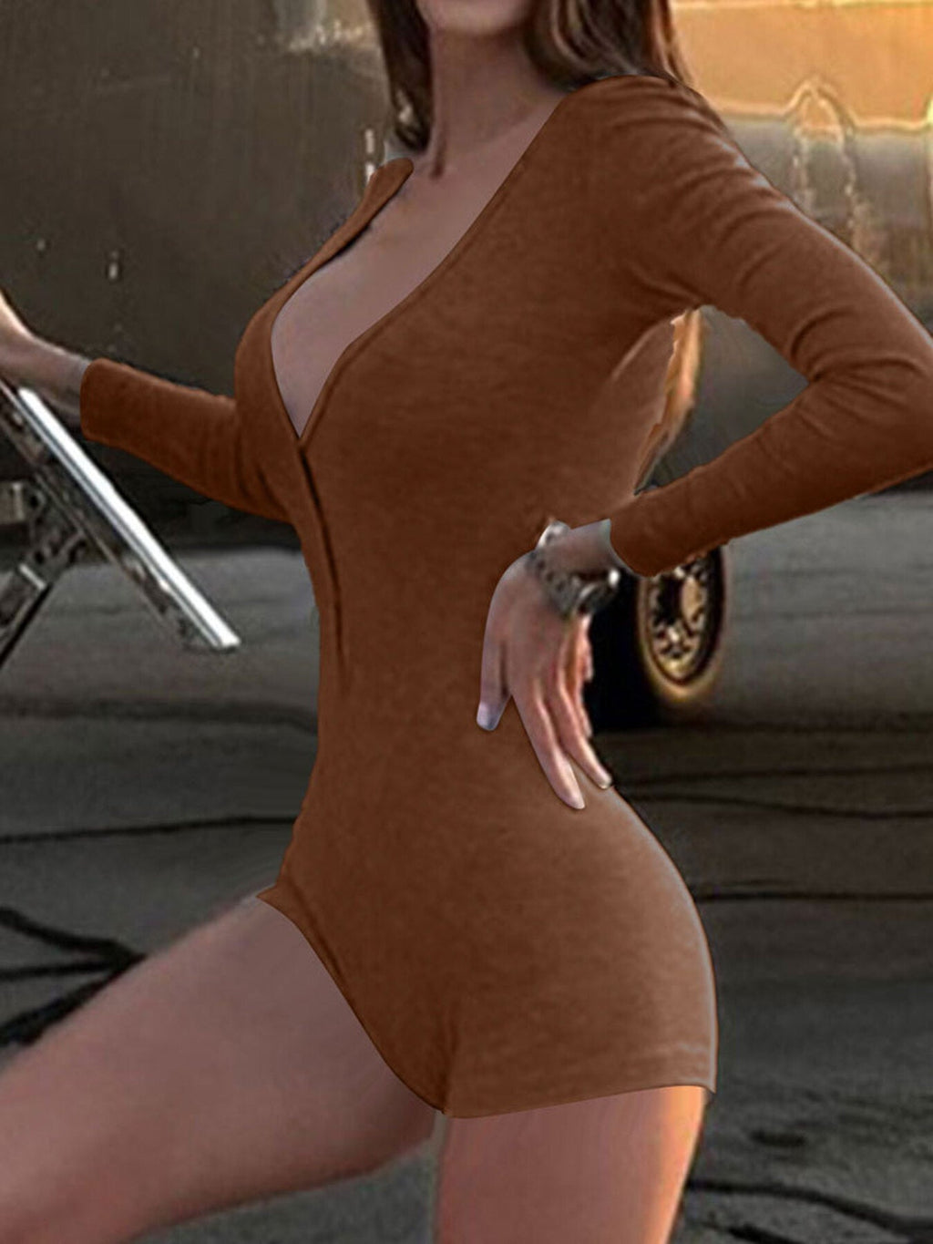 Deep V-Neck Long Sleeve Romper