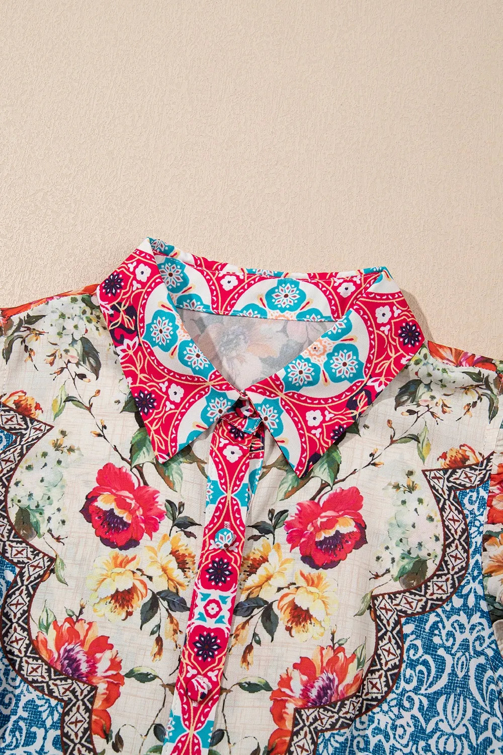 Floral Mixed Pattern Ruffle Flutter Sleeve Buttoned Dress