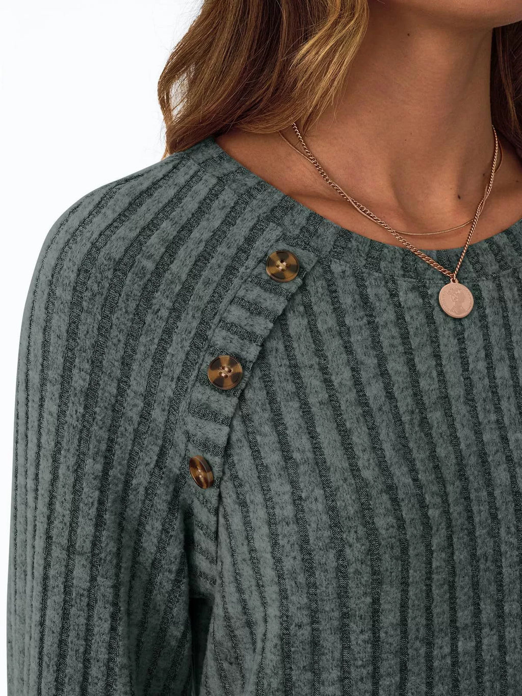 Ribbed Knit Decor Button Long Sleeve T-Shirt