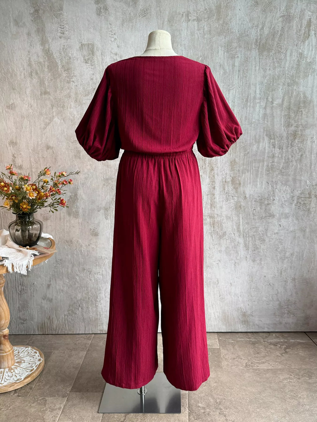 Plus Size Tie-Front Puff Sleeve Top and Wide-Leg Pants Set