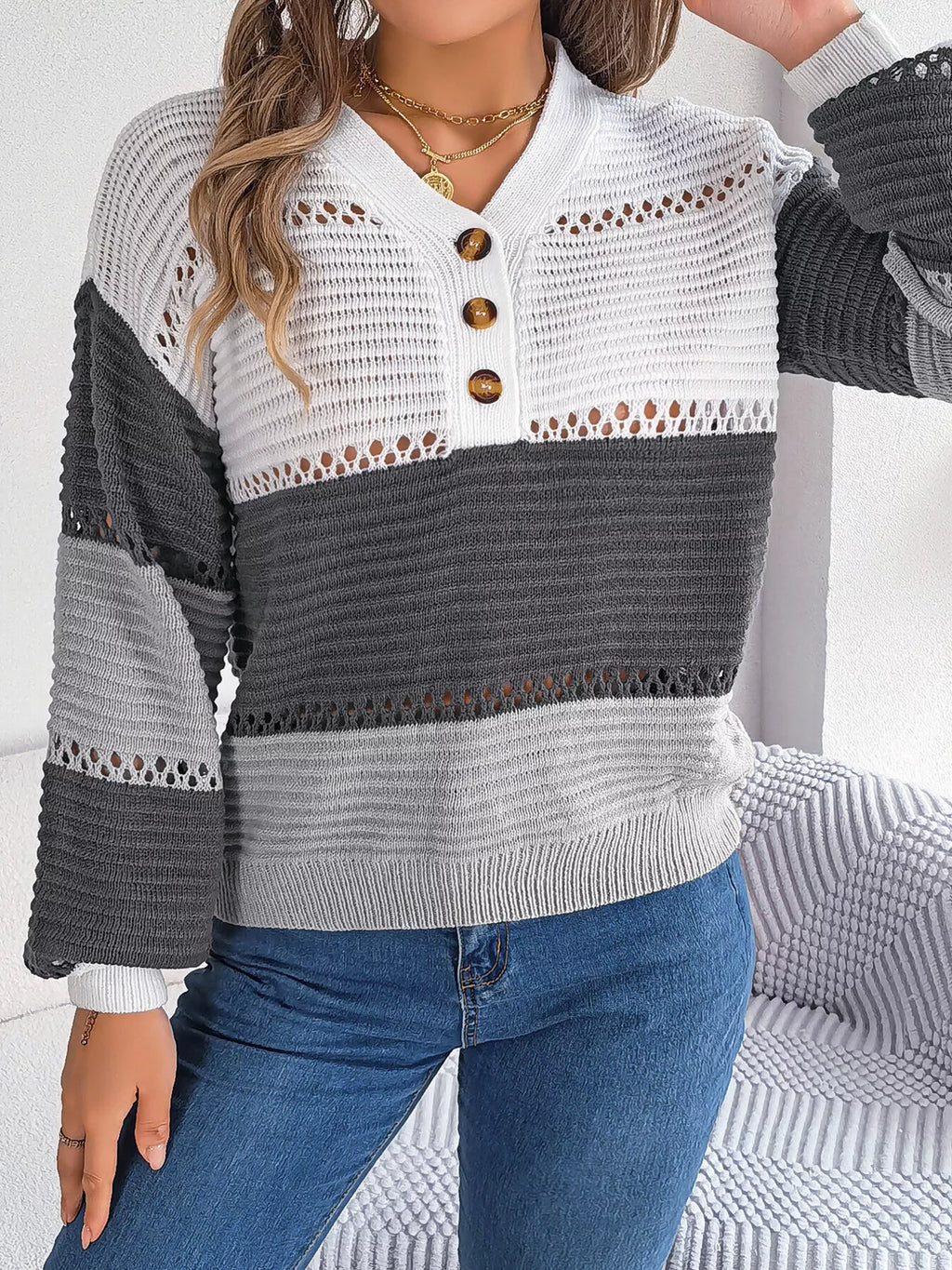 Color Block Striped V-Neck Button Detail Sweater