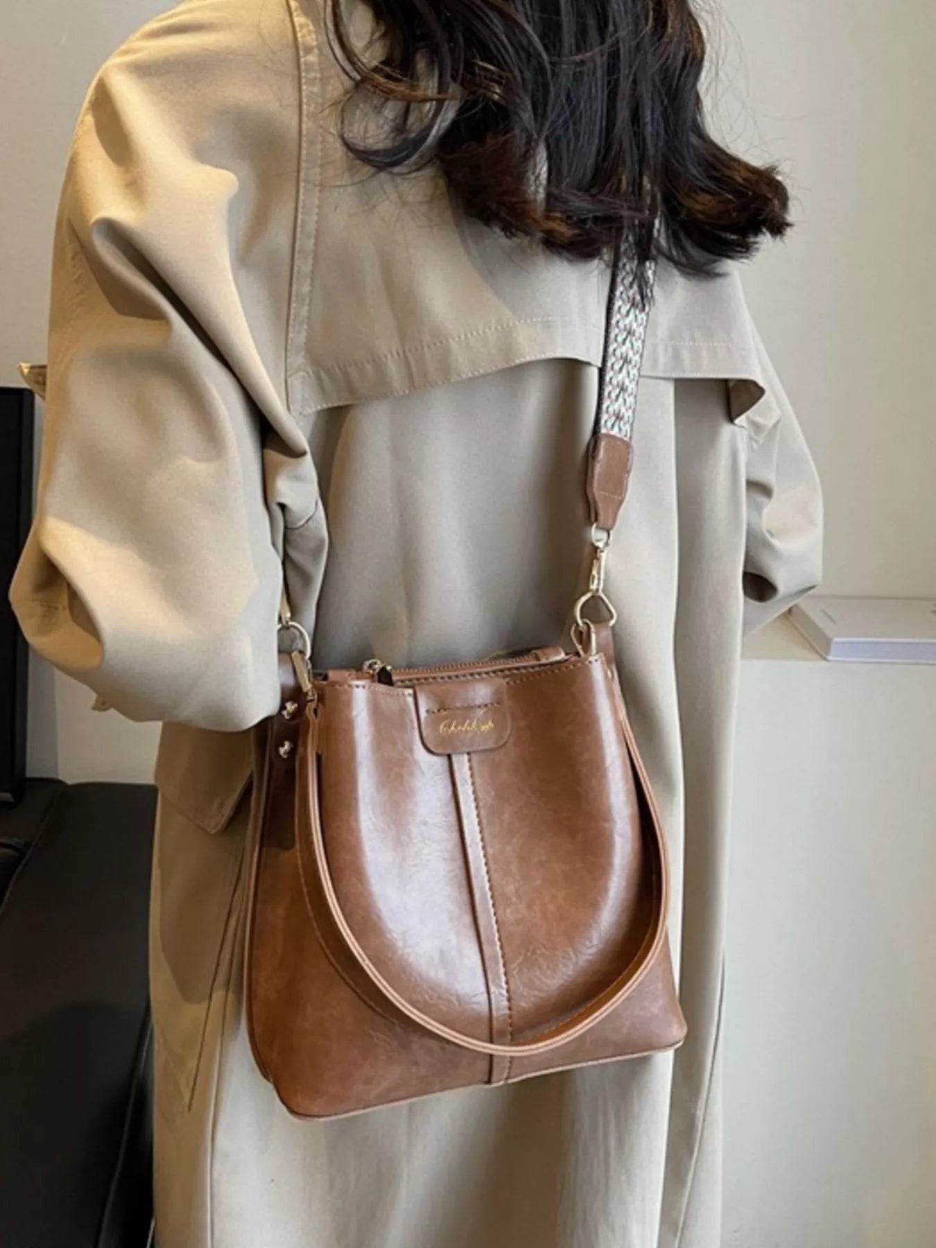 PU Leather Wide Strap Shoulder Bag