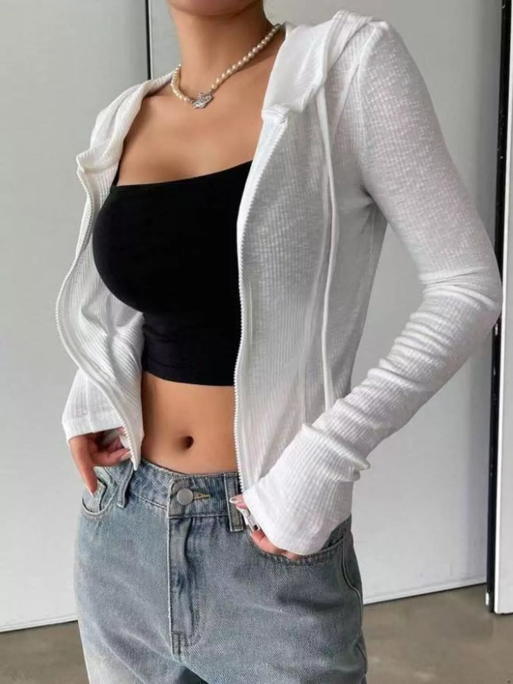 Ribbed Knit Cropped Zip-Up Outerwear