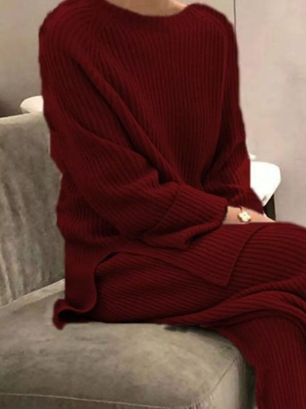 Full Size Ribbed Knit Relaxed Fit Top and Pants Sweater Set Plus Size
