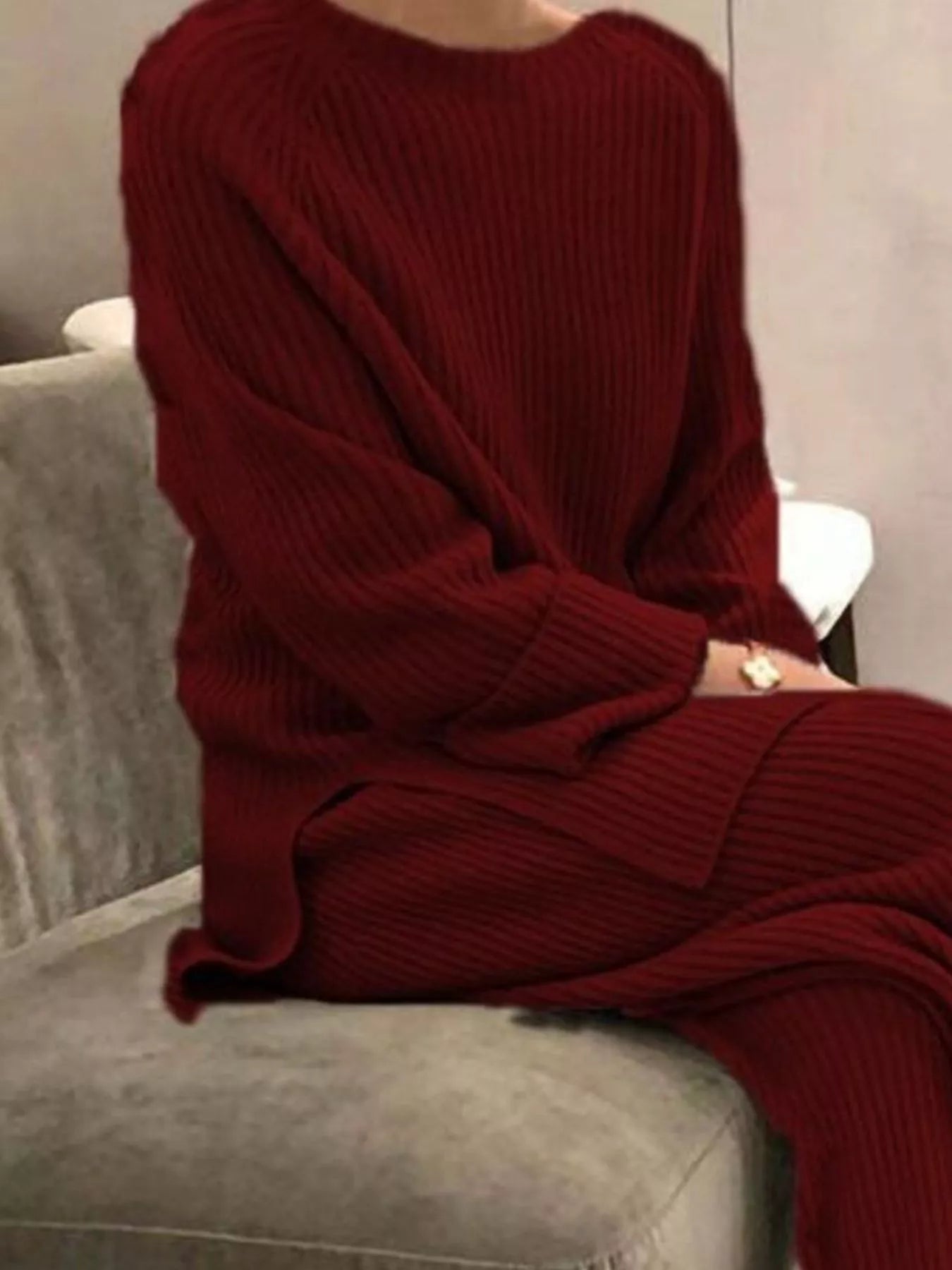 Full Size Ribbed Knit Relaxed Fit Top and Pants Sweater Set Plus Size