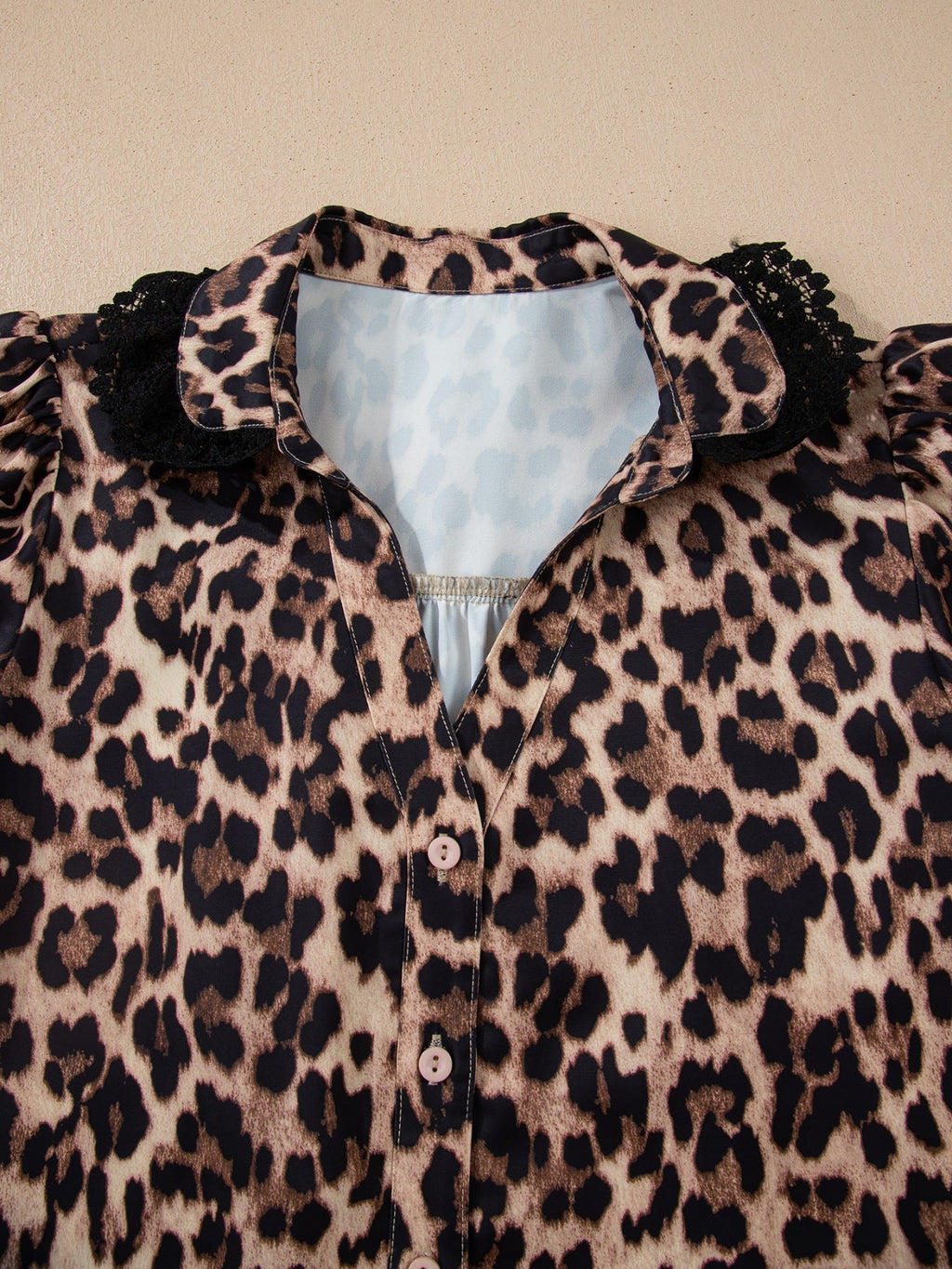 Leopard Print Lace Trim Short Sleeve Shirt