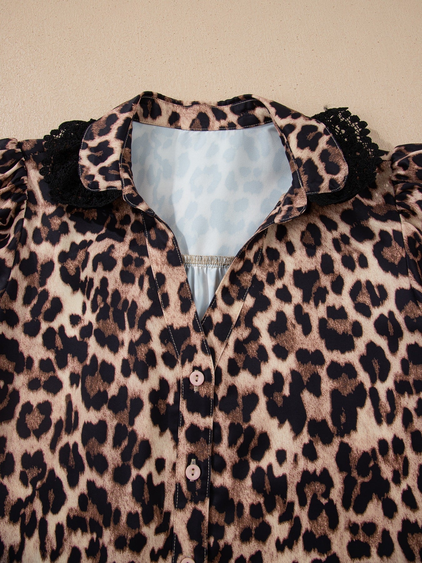 Leopard Print Lace Trim Short Sleeve Shirt