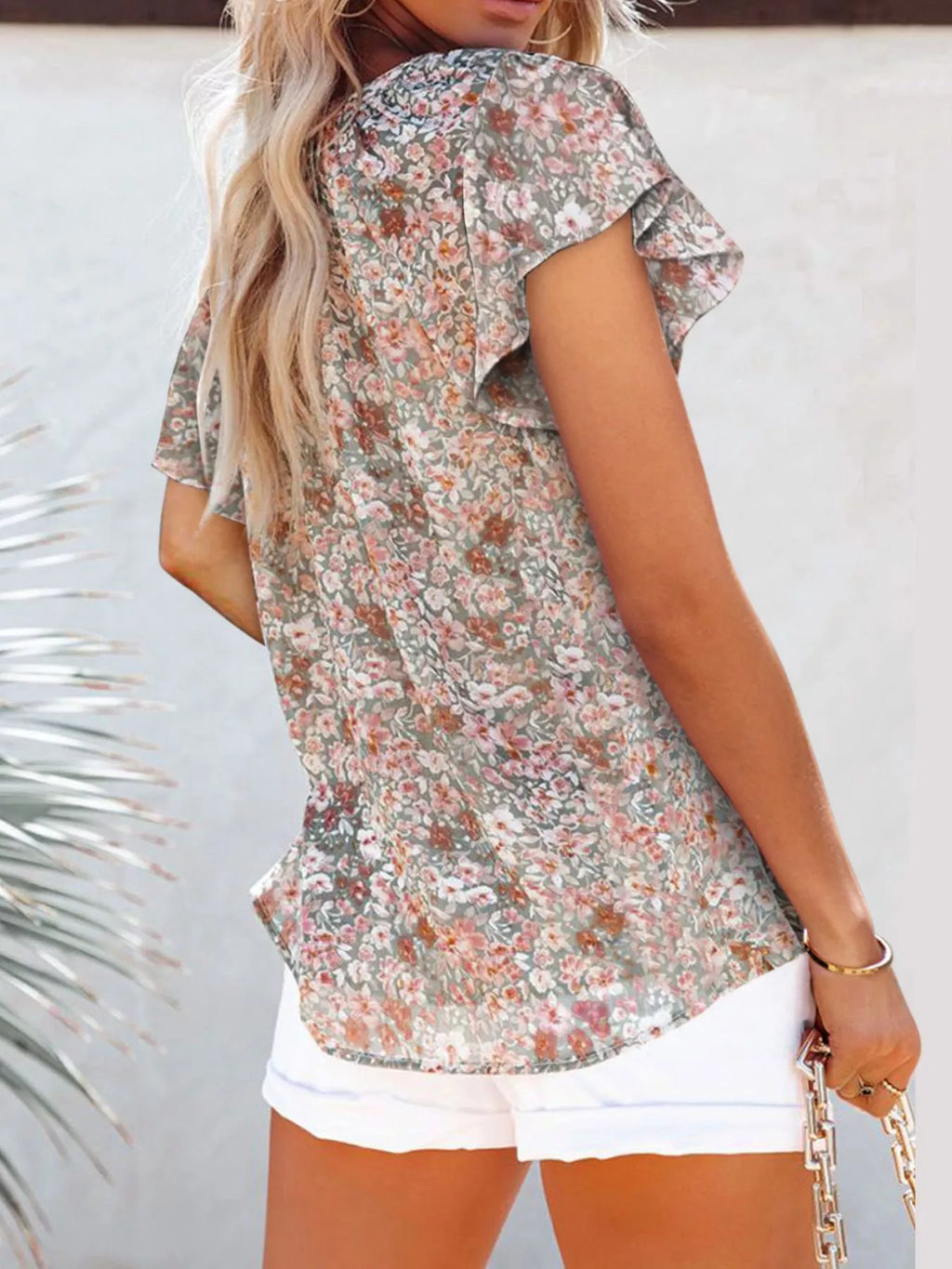Full Size Floral Print Flutter Sleeve V-Neck Blouse Plus Size