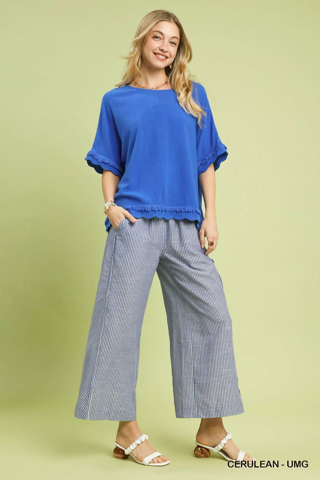 Umgee Linen Frayed Hem Scallop Edge Top