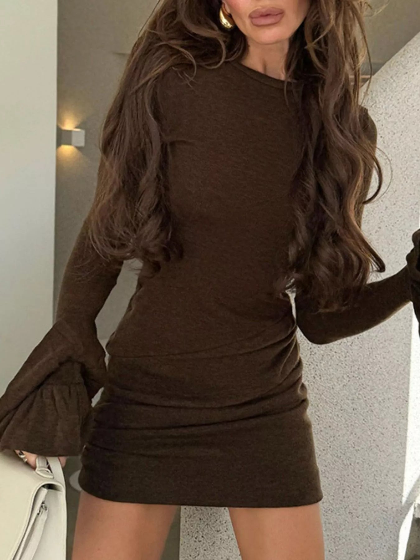 Ruched Flounce Sleeve Mini Dress