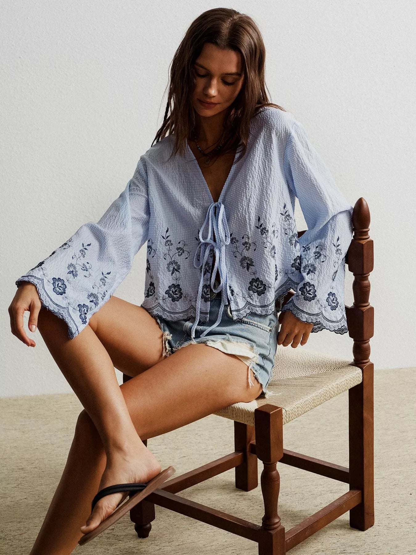 Floral Embroidered Tie-Front Blouse