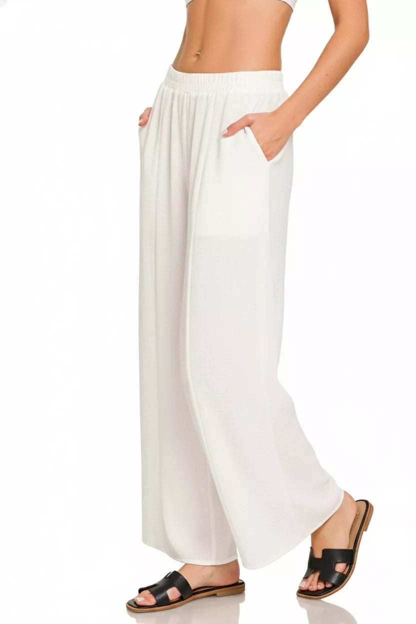 Zenana Woven Airflow Elastic Waistband Pants