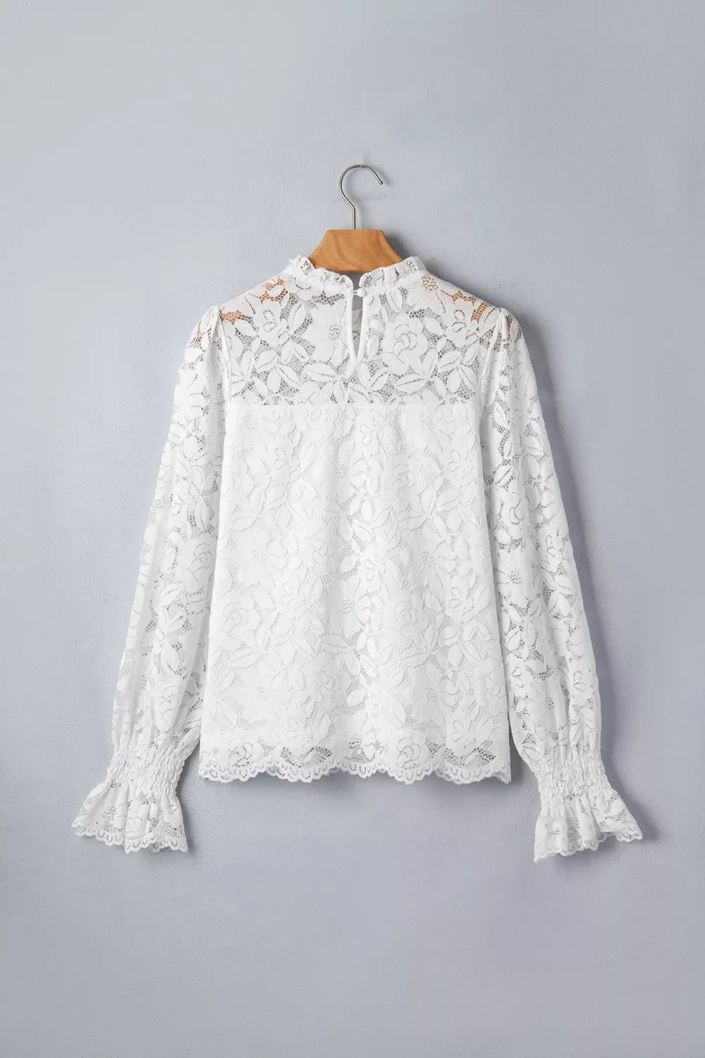 Ruffled Round Neck Long Flounce Sleeve Sheer Lace Blouse