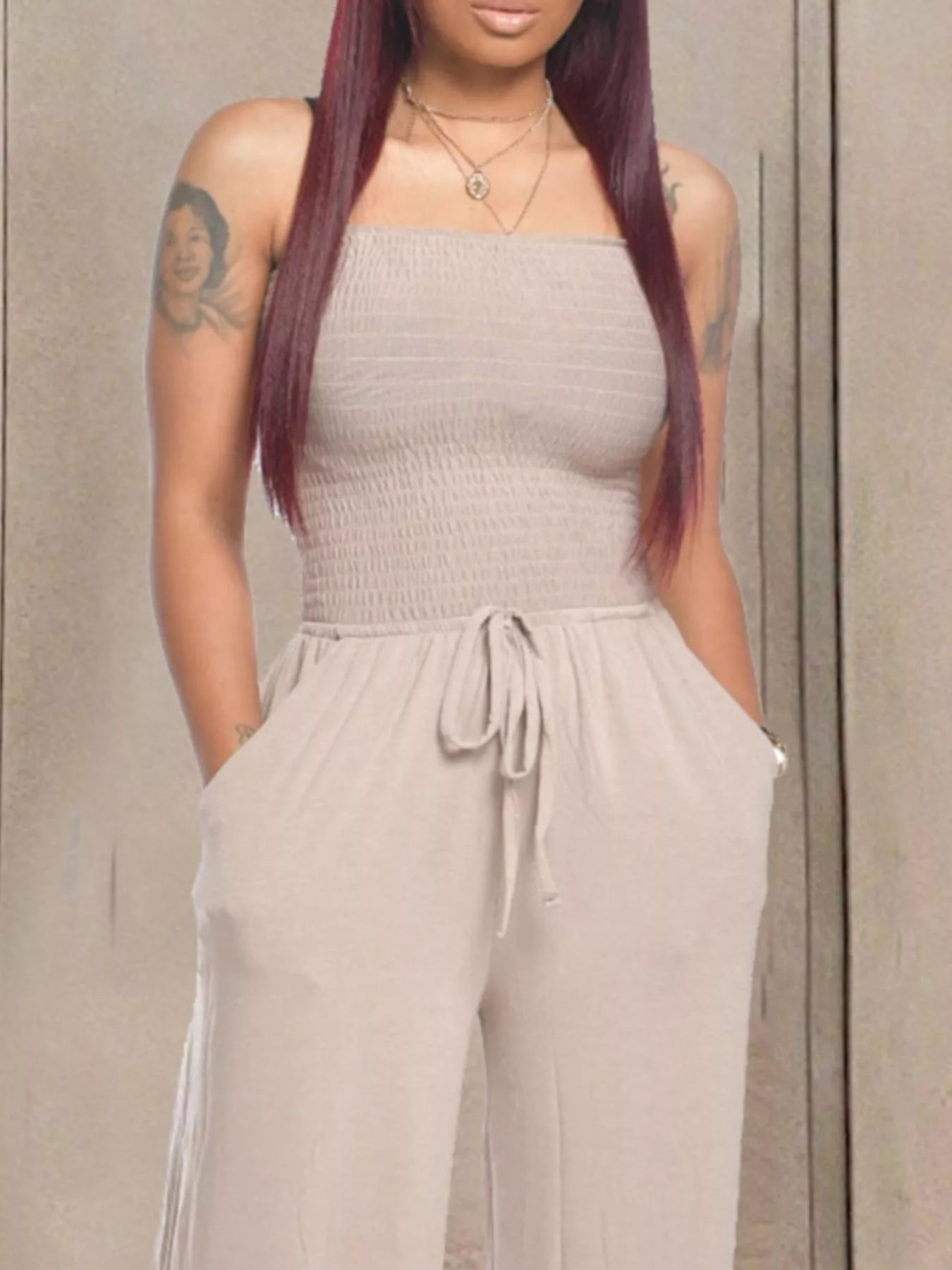 Strapless Smocked Wide-Leg Jumpsuit