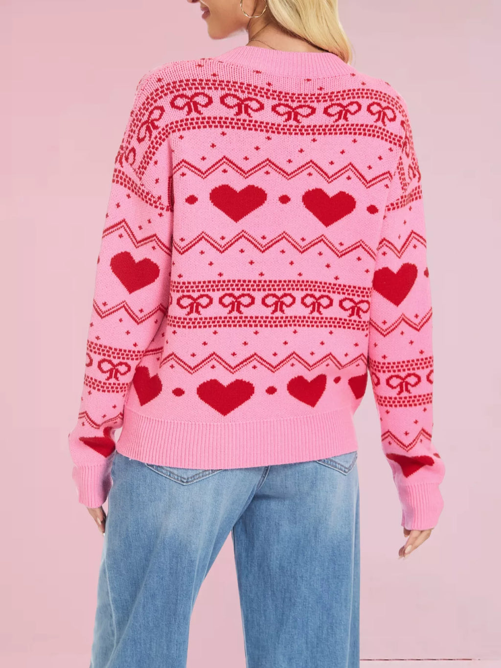 Heart & Bow Pattern Round Neck Sweater
