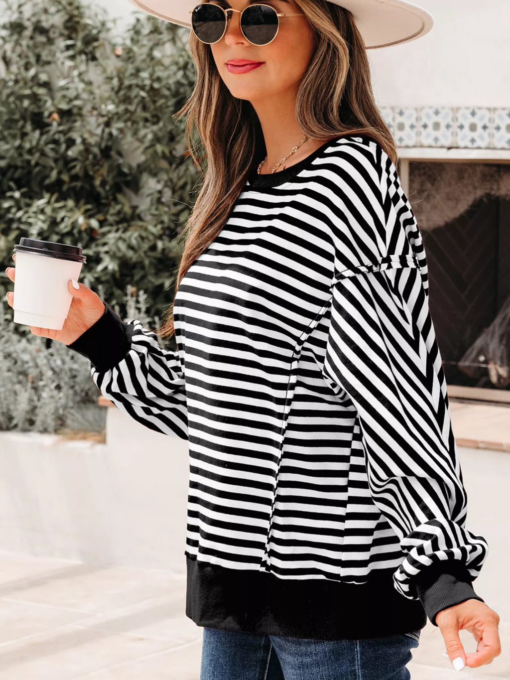 Stripe Exposed Seam Drop Shoulder Casual Pullover Top