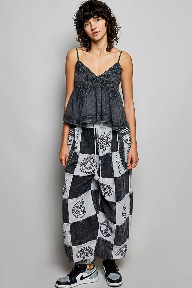 POL Drawstring High-Rise Patchwork Jogger Pants